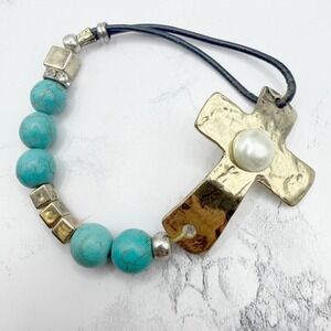 Turquoise Bead Cross Bracelet Stretch Gold Tone Faith Bracelet 7in